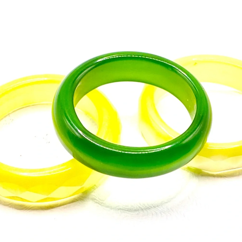 Vintage Set of 3 Lucite Rings, 2 Yellow, 1 Green Sizes 2 x 7.0 & 1 x 7.25